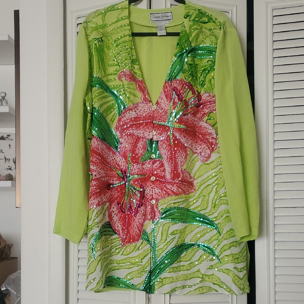 Diane Gilman Green and Pink Floral 100% Silk Blouse